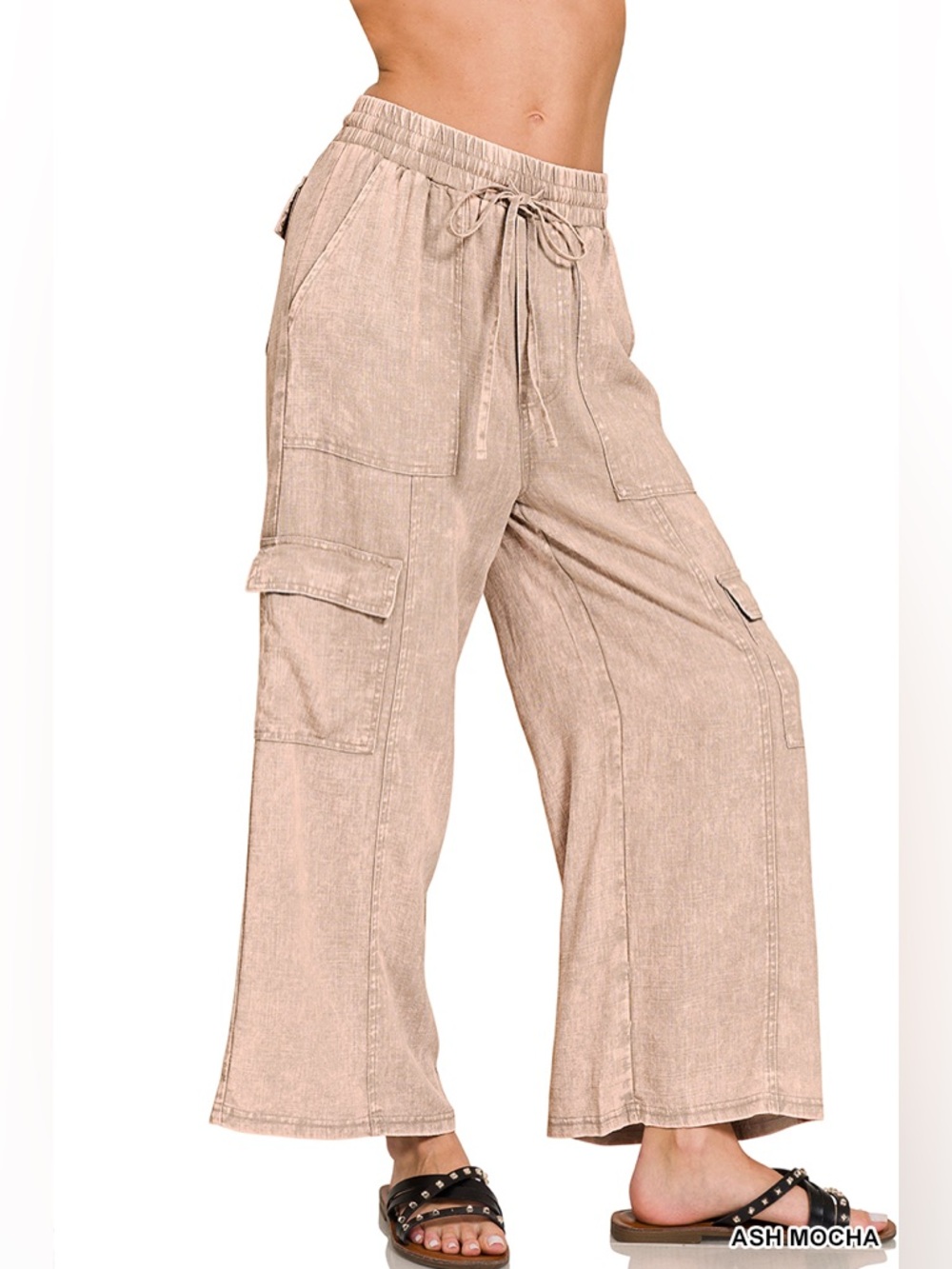 “ Zuma Beach “ Wide Leg Linen Cargo Pants | Ash Mocha / Blue - Picture 6 of 8